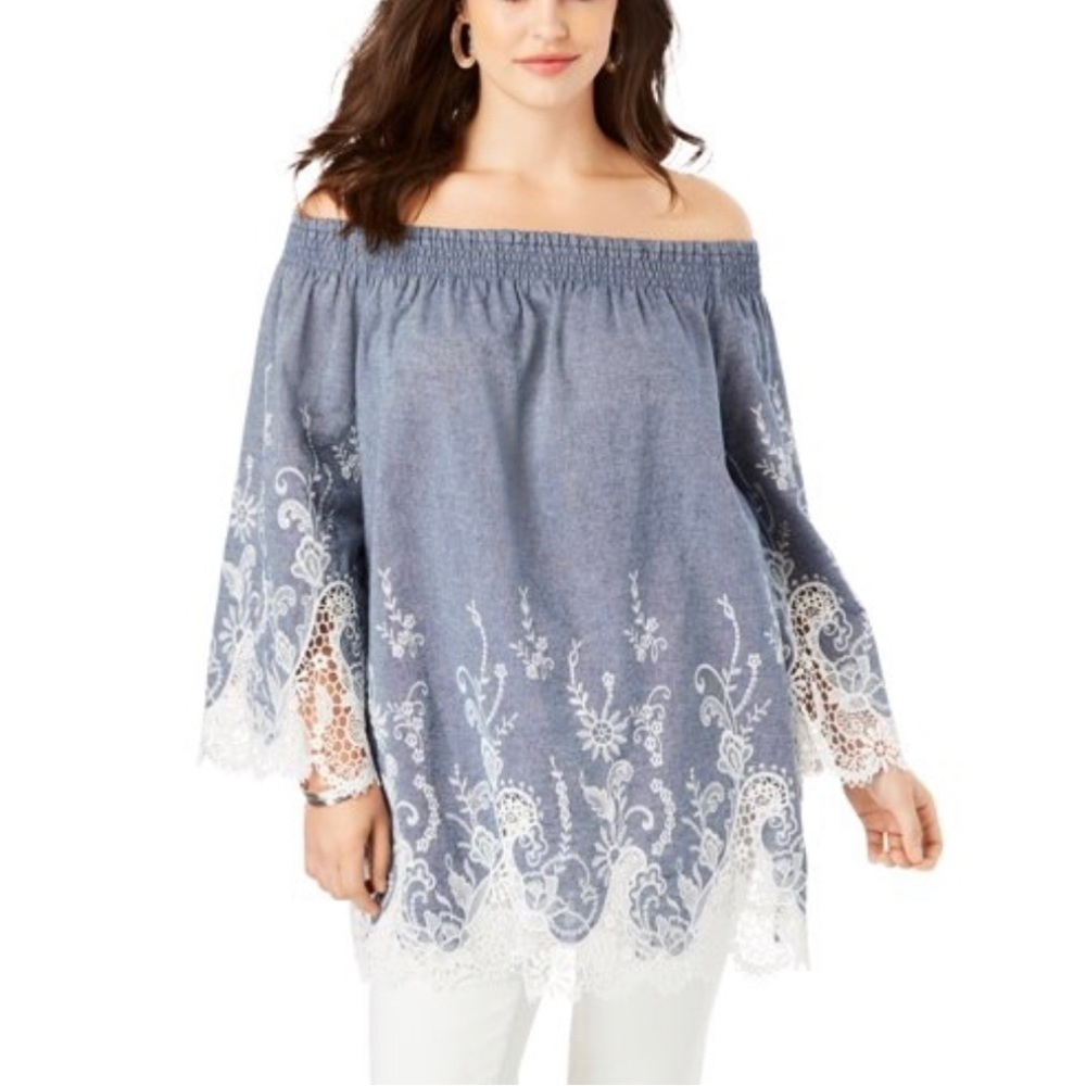 #64- NWT Roaman's Plus Size Off-The-Shoulder Chambray Tunic Long Lace Size 20W